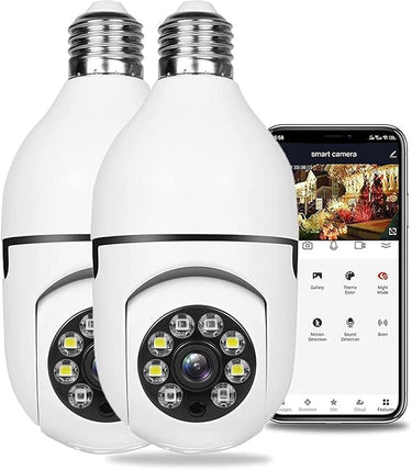 2 Piezas Cámara de Bombilla, Cámara de Bombilla 360 Grados WiFi al Aire Libre con Visión Nocturna, Cámara De Vigilancia Guardcam, Seguimiento Automático, Audio Bidireccional, Detección de Movimiento